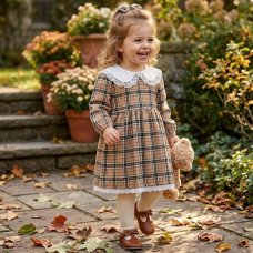 KWD03: Baby Girls Beige Tartan Dress With Lace Trim & Lining (0-4 years, Made in UK)